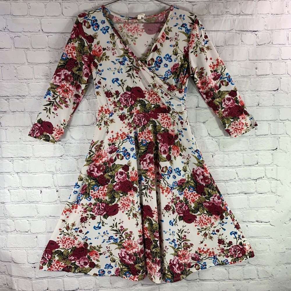 Pink Blush Floral Stretchy Faux Wrap 3/4 Sleeve Dress Read